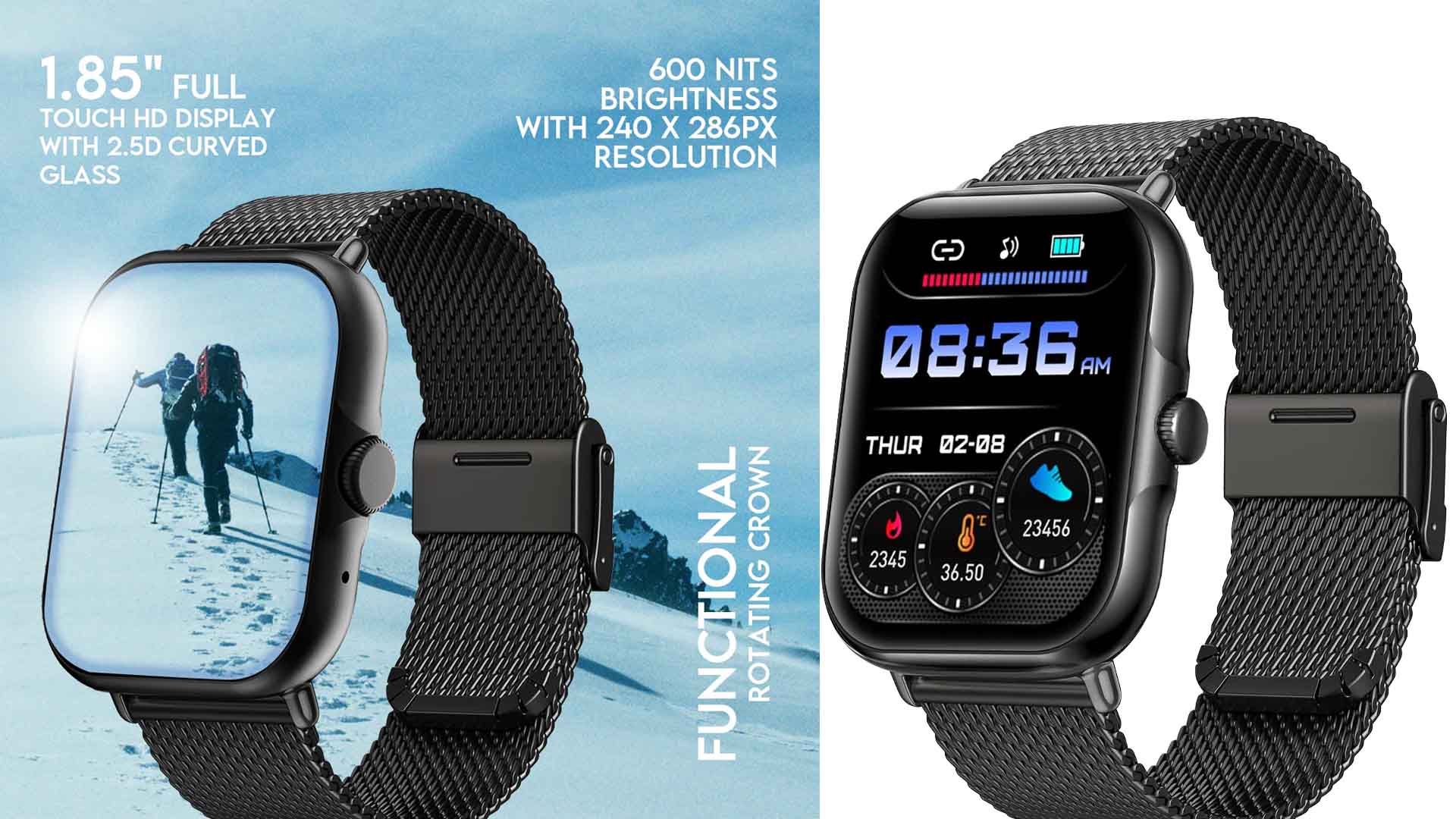 pTron Reflect Callz Smartwatch, Bluetooth Calling, 1.85" Full Touch Display, 600 NITS, Digital Crown, Metal Mesh Strap, 100+ Watch Faces, HR, Sports Mode, 5 Days Battery Life